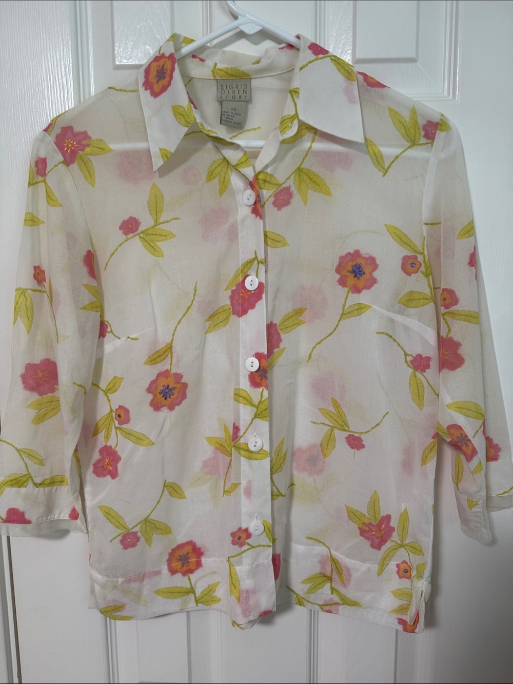 Sigrid Olsen White Sheer Blouse with Pink Floral Print